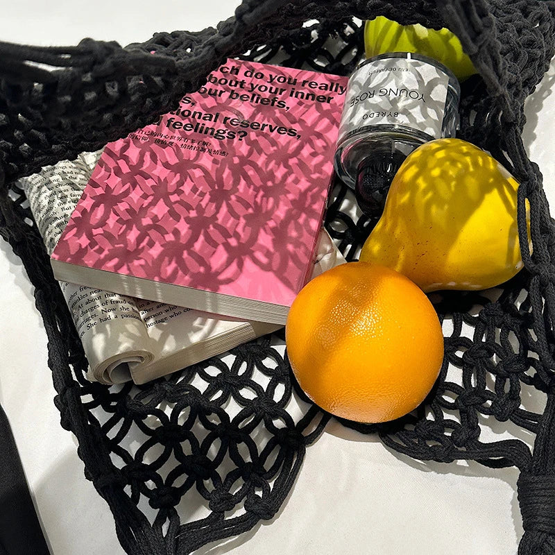 Women Bag Bucket Cotton Beach Bag Bag Casual Hollow Out Solid Soft High-Capacity Shoulder Bag Travel Handbag