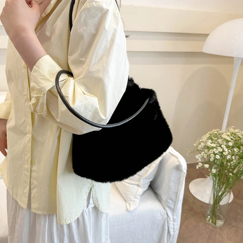 Women Fluffy Shoulder Bag Top-handle Bag New Fashion Female Autumn Winter Handbag Soft Plush Versatile Shopping Tote