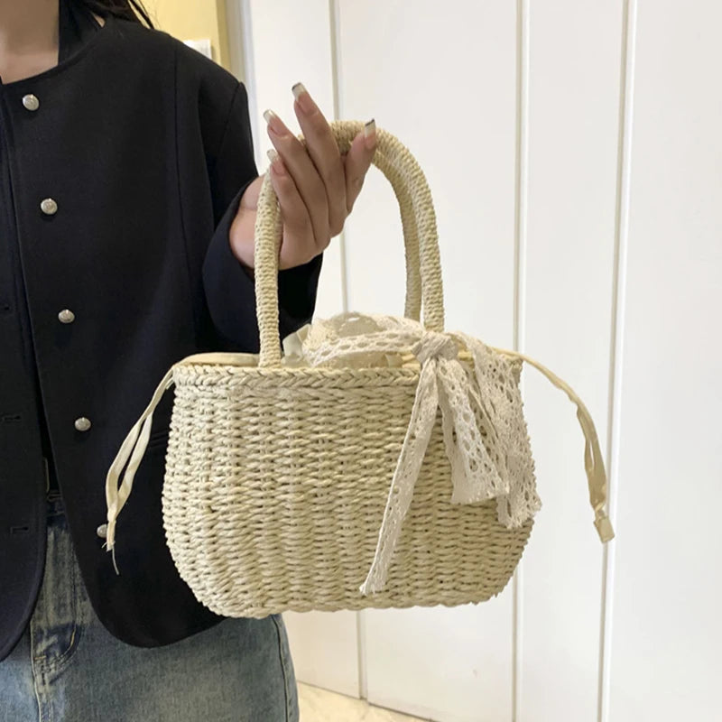 Women Straw Woven Drawstring Handbag Girls Solid Color Holiday Purse Crossbody Beach Bags Summer Rattan Tote