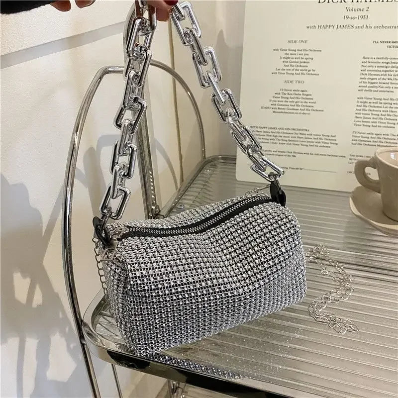 Full Version Rhinestone Bucket Tote Bag, Stylish Sparkling Chain Ball Pillow Shoulder Bag, Women's Mini Hand-Held Crossbody Bag
