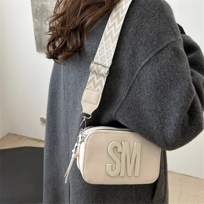 Stylish Versatile Women Single Shoulder Bag, SM Letter Pu Leather Small Square Bag, Leisure Wide Shoulder Strap Cross Body Bags