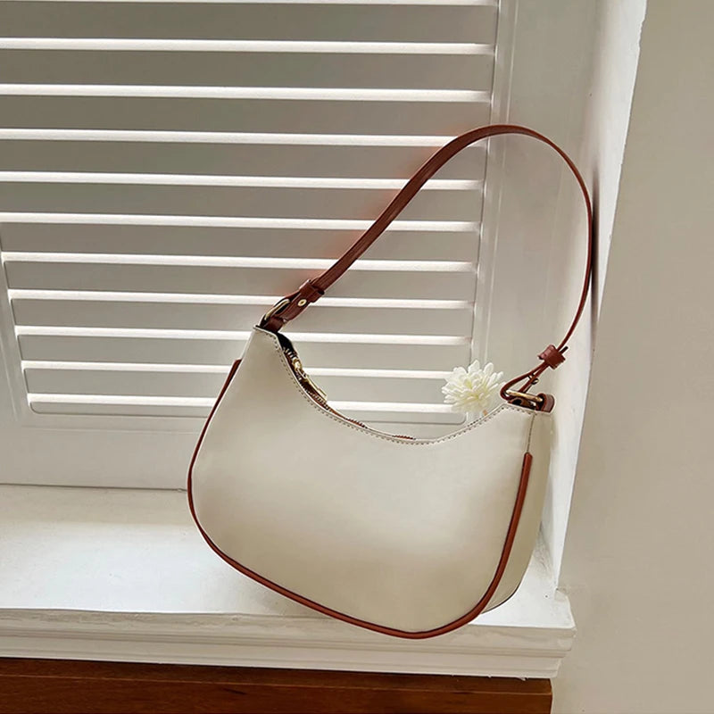 Womens Fashion Handbags Retro Solid Color Pu Leather Bag Half Simple Color Underarm Shoulder Bag Moon Casual Purse