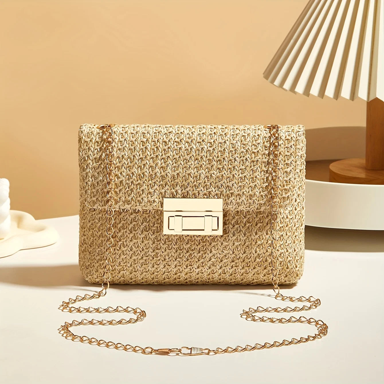 Stylish Handwoven Ladies Crossbody Bag Chain Strap Lock Buckle Adjustable Shoulder Strap, Perfect for Daily Use, Travel, Outdoor