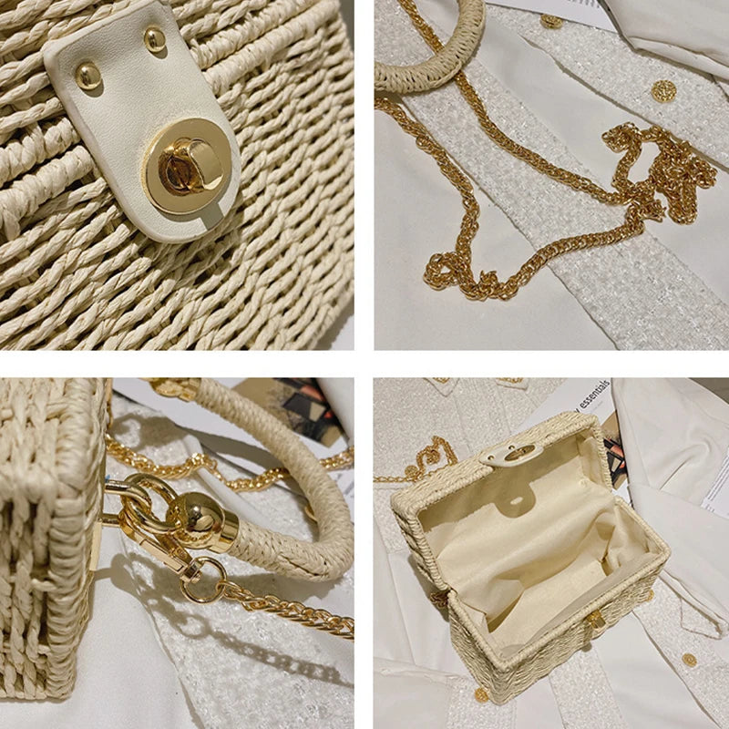 Summer Box Small Purse and Handbags For Women Rattan Straw Woven Crossbody Shoulder Bags Female Fashion Chain Travel Beach Bags