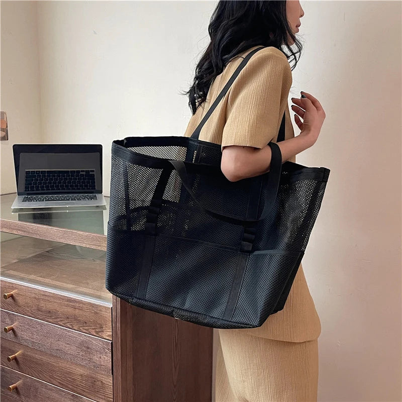 Portable Mesh Beach Bag For Women Makeup Travel Storage Wash Bag Summer Travel Swimming Bath Bag Organizer Shopper Totes