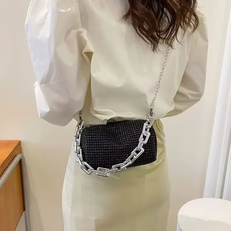 Full Version Rhinestone Bucket Tote Bag, Stylish Sparkling Chain Ball Pillow Shoulder Bag, Women's Mini Hand-Held Crossbody Bag