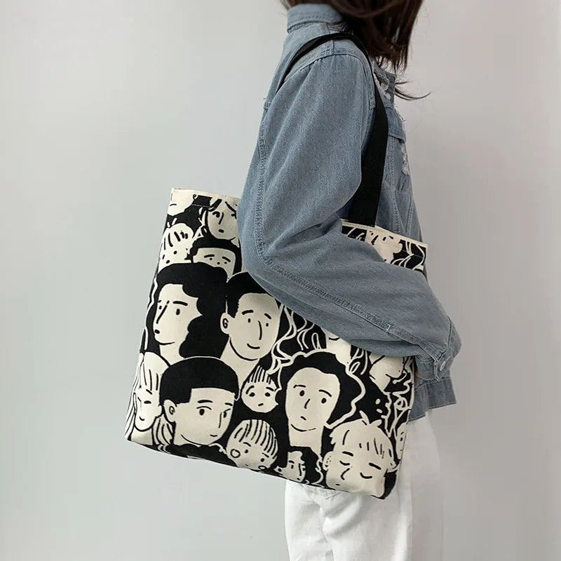 Teen Youth Pattern Canvas Bag, Large Capacity Female Single Handbag Shoulder Bag, Student Literary Artistic Simple Shopping Bag