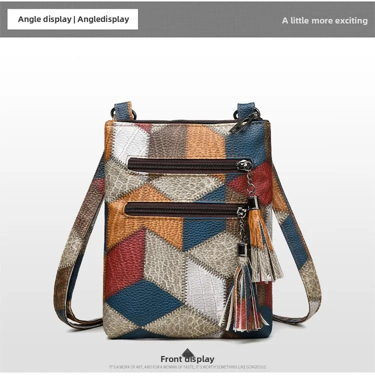 Retro PU Soft Leather Multi Pocket Handbag Shoulder Bag with Color Blocking Plaid Tassel Cross Bags, Mobile Phone Messenger Bag