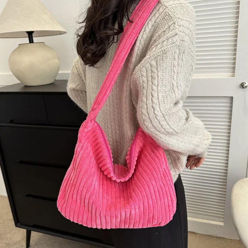 Winter Tote Bag for Women Large Capacity Handbags Casual Shoulder Bags Trend Female Corduroy Shopper Crossbody Bag