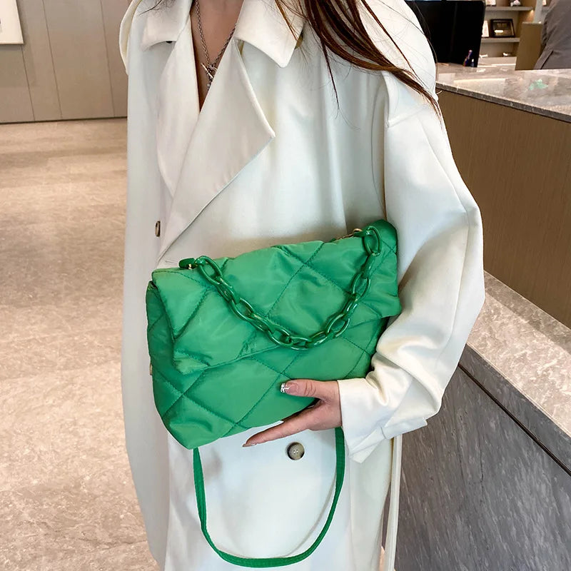 Fashion Chain Crossbody Bags Women Winter Cotton Padded Quilted Shoulder Bags Casual Large Capacity Simple Female Handbags
