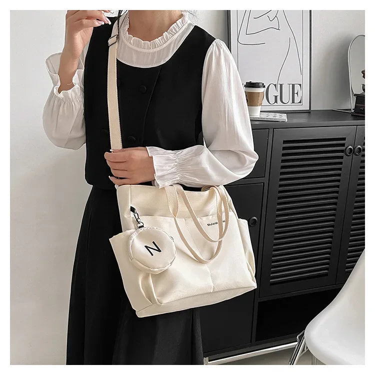 Oxford Design Double Sided Pocket Tote Bag Teen Women Large Capacity Handbag Single Shoulder Crossbody Bag with Round Coin Purse