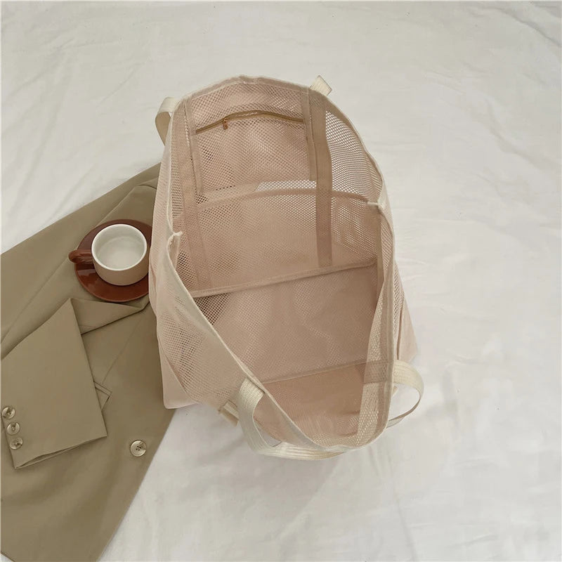 Portable Mesh Beach Bag For Women Makeup Travel Storage Wash Bag Summer Travel Swimming Bath Bag Organizer Shopper Totes