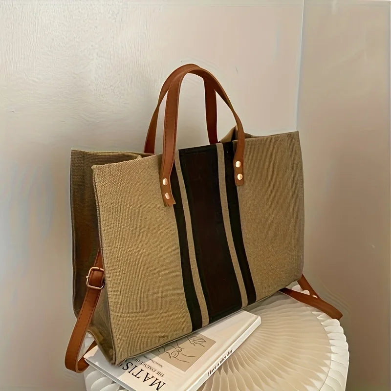 Stylish Women'S Canvas Tote Bag, Black Blue Striped Design Handbag Shoulder Bag for Work, School, Shopping, Beach Outings & Gym
