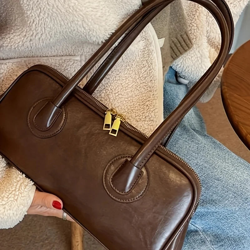 1pc Fashion Faux Leather Shoulder Bag, Elegant Handbag with Stitching Detail, Versatile Top-Handle Purse