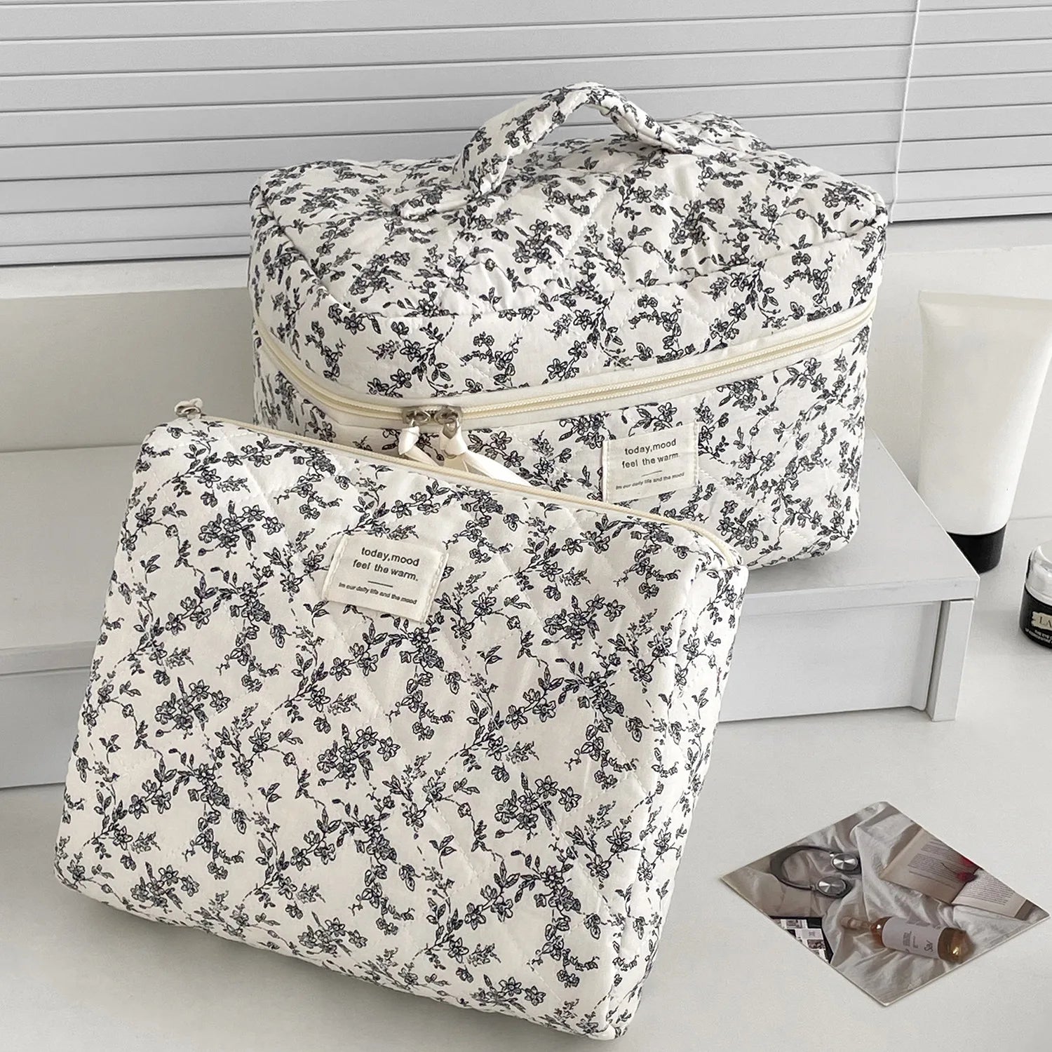 Fashion Ins Black Flower Women Quilting Bags Handbag Travel Organizer Cosmetic Makeup Storage Pouch Portable Zipper Tote Bag