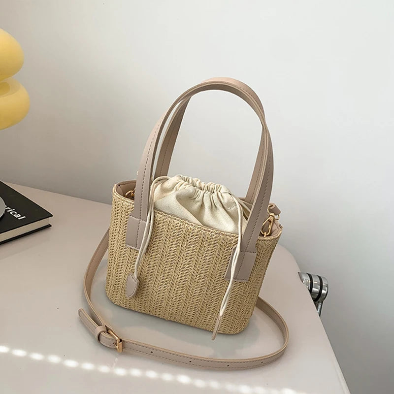 Knit Travel Bags Straw Woven Beach Bag Wrist Pack Women Handle Female Bucket Tote Bags Rattan Ladies Purses Handbag