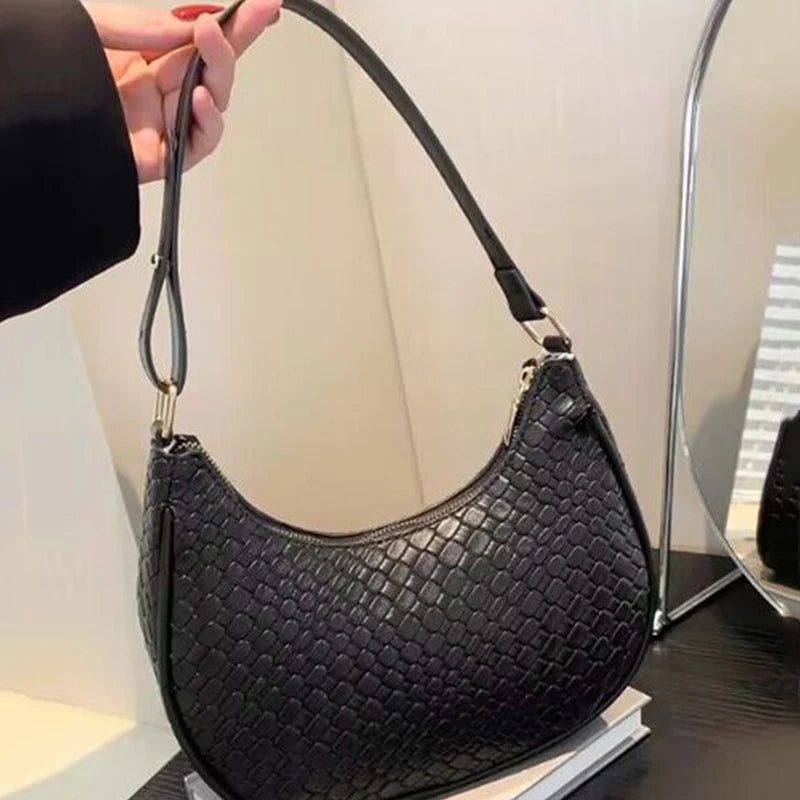 Womens Fashion Handbags Retro Solid Color Pu Leather Bag Half Simple Color Underarm Shoulder Bag Moon Casual Purse