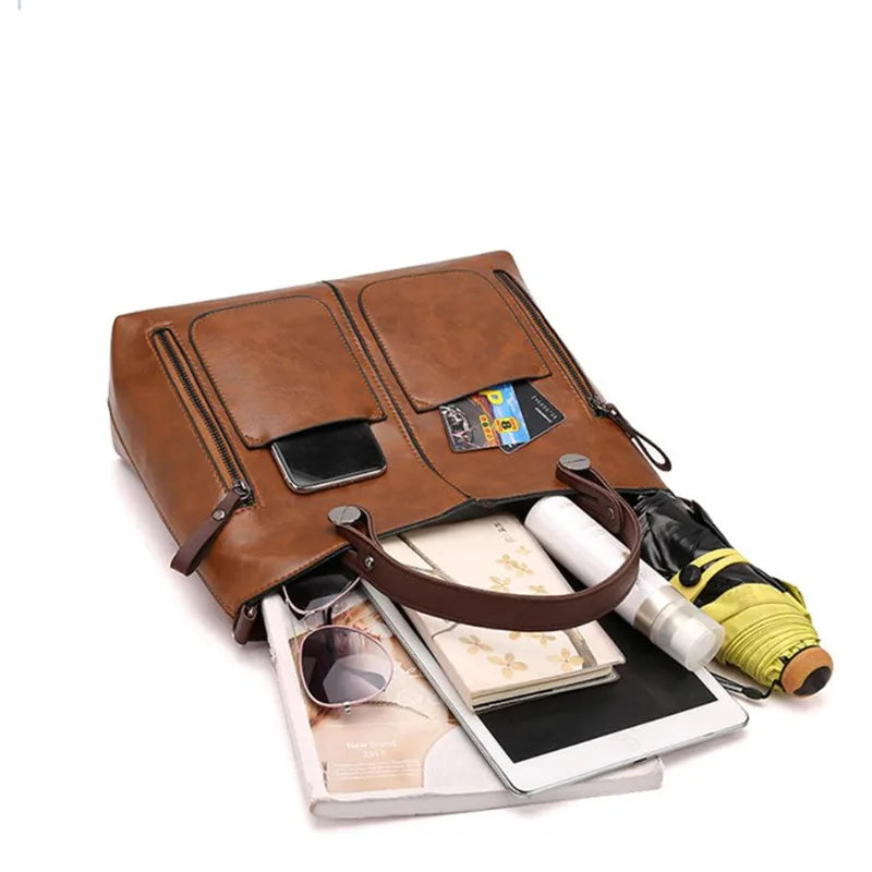 Europe America Retro Leather Handbag Shoulder Bag, Two Pocket Zipper Tote Bag, Classic Crossbody Bags for Women Work Business