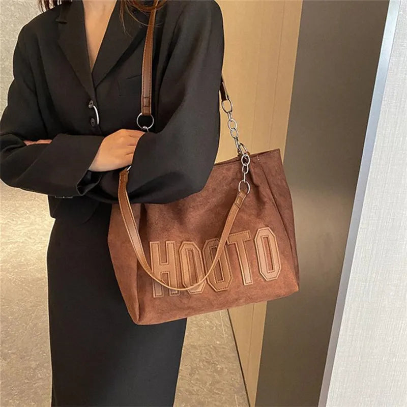 Stylish Tote Bag, Nubuck Pu Letter HOOTO Design for Women Handbag Shoulder Bag, Large Capacity Nylon leisure Travel Shopping Bag