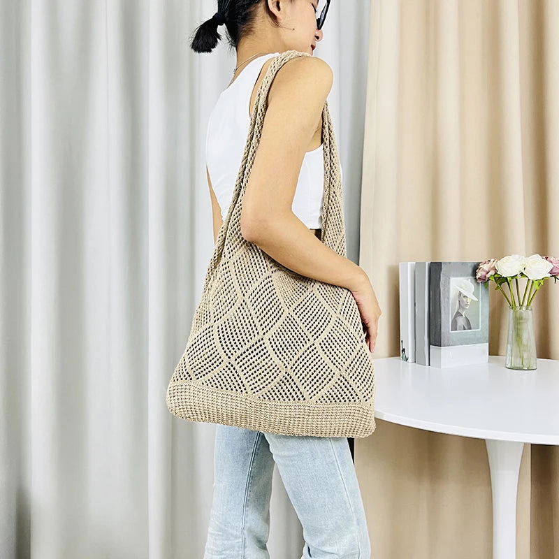 New Trend Women's Bag Crochet Handbag Retro Knitted Solid Color Hollow Top-handle Tote Bag Travel Shopper Shoulder Bag