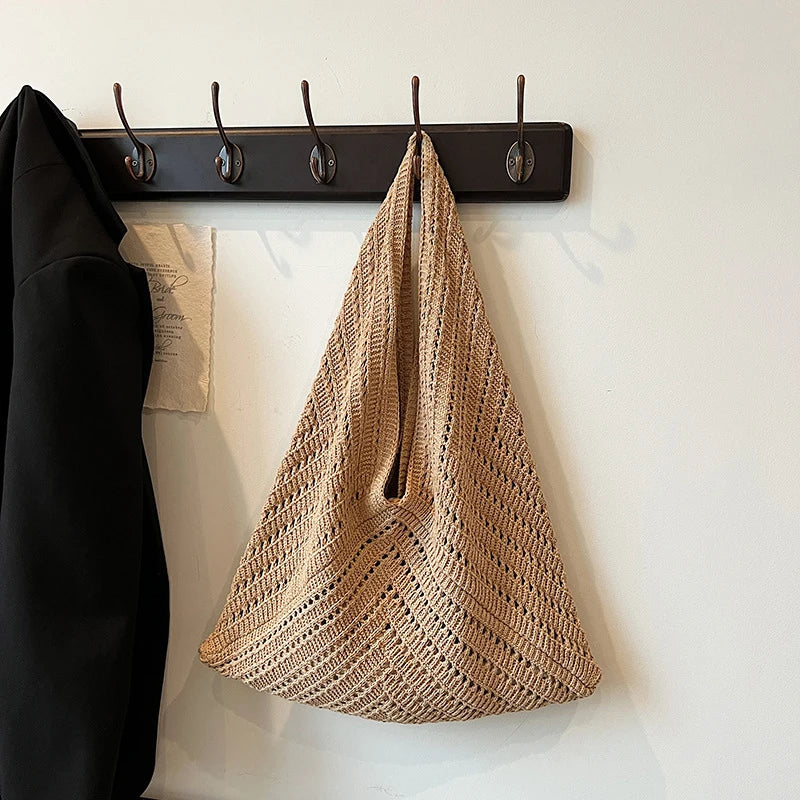 Brand Women Tote Knitting Handbag Triangle Design Woven Beach Bag Lightweight Elegant Portable Shoulder Bag Purse