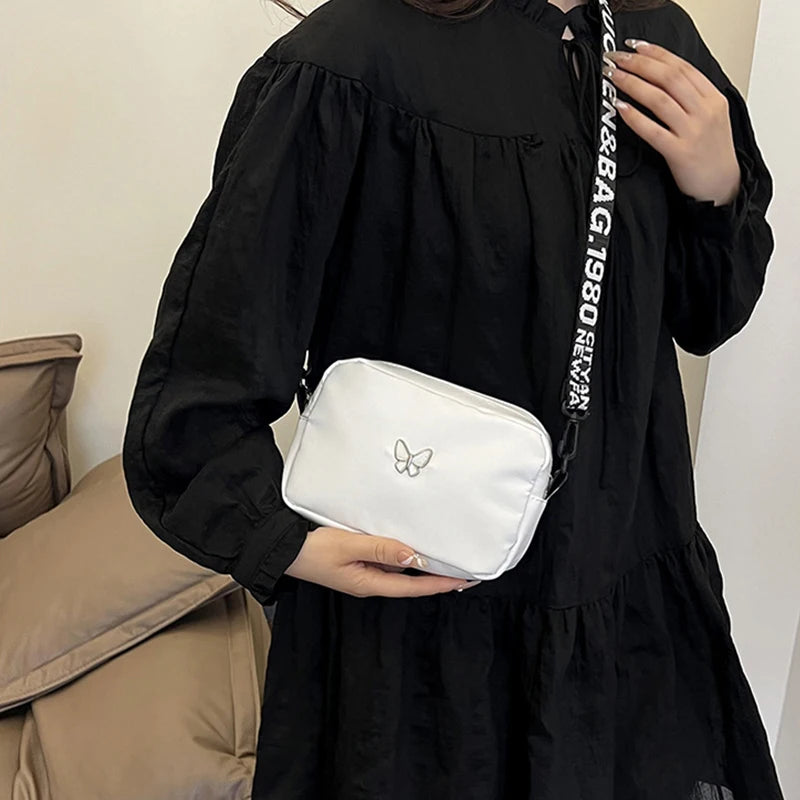 Black&white Shoulder Bag Durable Butterly Nylon Crossbody Bag Wide Belt Crossbody Bag Casual Small Sqaure Bag For Women