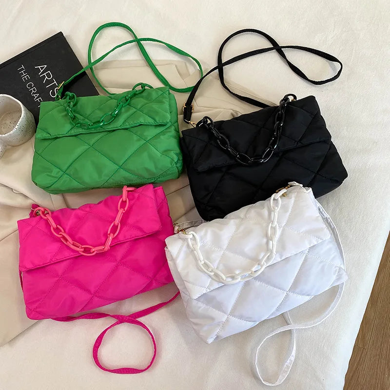 Fashion Chain Crossbody Bags Women Winter Cotton Padded Quilted Shoulder Bags Casual Large Capacity Simple Female Handbags