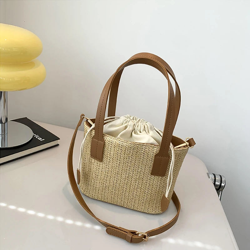 Knit Travel Bags Straw Woven Beach Bag Wrist Pack Women Handle Female Bucket Tote Bags Rattan Ladies Purses Handbag