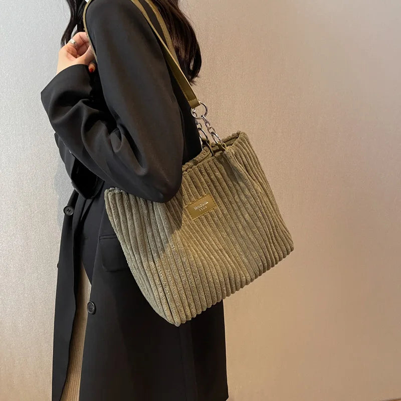 Women Corduroy Shoulder Bag Solid Color Handbag Shoulder Strap Large Capacity Simple Multifunctional Design Casual Totes