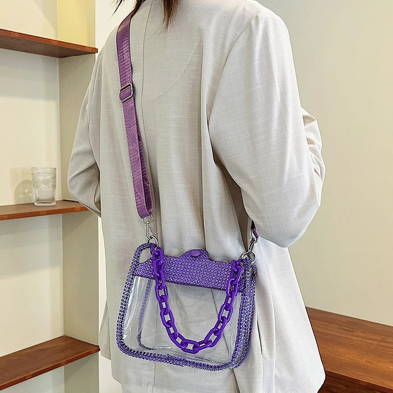 PVC Transparent Shoulder Crossbody Bag Rhinestone Thick Chain Ladies Small Purse and Handbags Fashion Jelly Summer Beach Totes