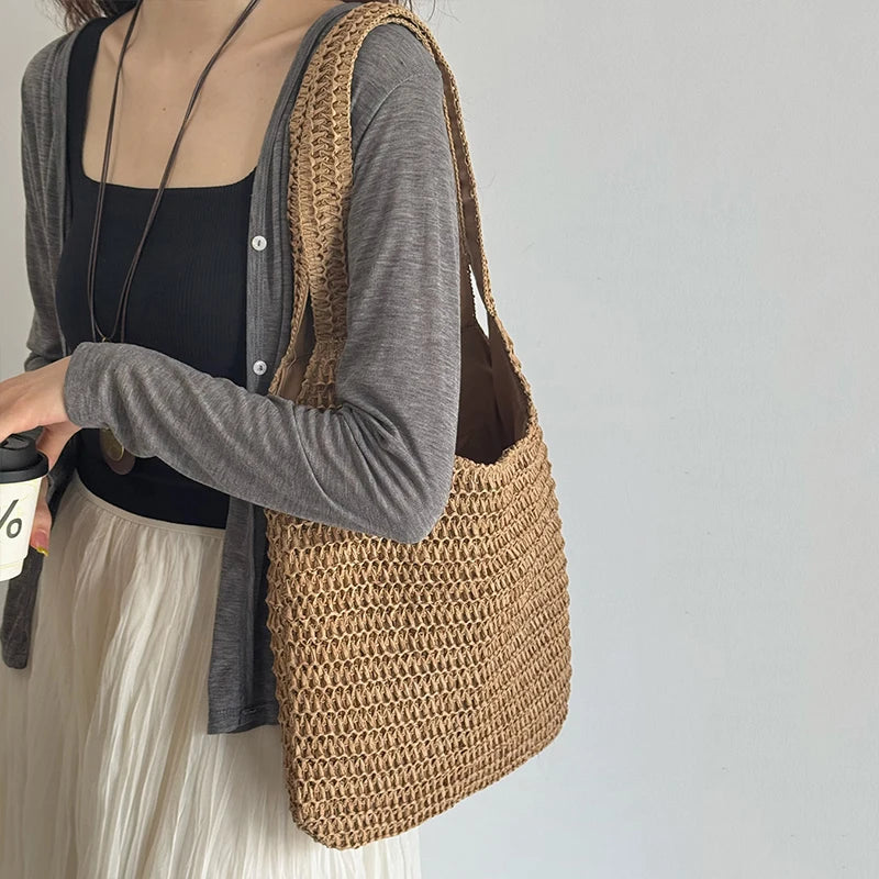 Fashion Straw Women Shoulder Bags Paper Woven Female Handbags Large Capacity Summer Beach Straw Bags Casual Tote Purses