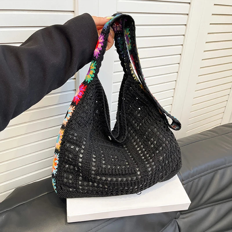 Large Capacity Fashion Boho Tote Bag Trendy Floral Crochet Handmade Knitted Bag Vintage Multicolor Hollow Out Handbag