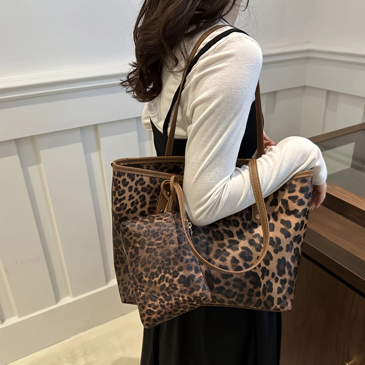 Leopard Soft Shoulder Bag, Retro Animal Print Large Capacity Handbag with Purse, Fashion Casual Style Designer Shopping Tote Bag