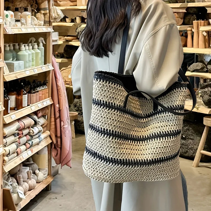 Large Boho Chic Striped Woven Tote Bag, Spacious Shoulder Beach & Shopping Bag for Women with Black and White Design, Beach Bag