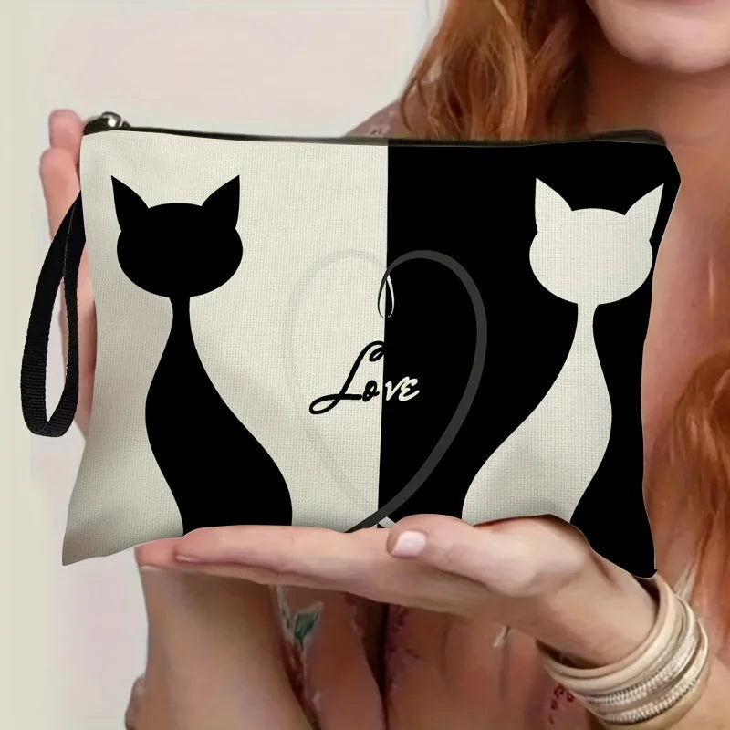 Cat Heart Design Cosmetic Bag, Polyester Storage Wash Makeup Pouch Zippered Travel and Daily Use Organizer Ideal Gift for Women