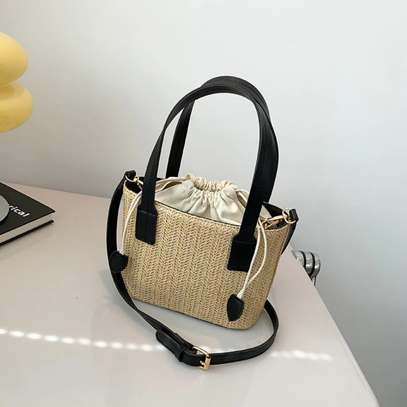Knit Travel Bags Straw Woven Beach Bag Wrist Pack Women Handle Female Bucket Tote Bags Rattan Ladies Purses Handbag