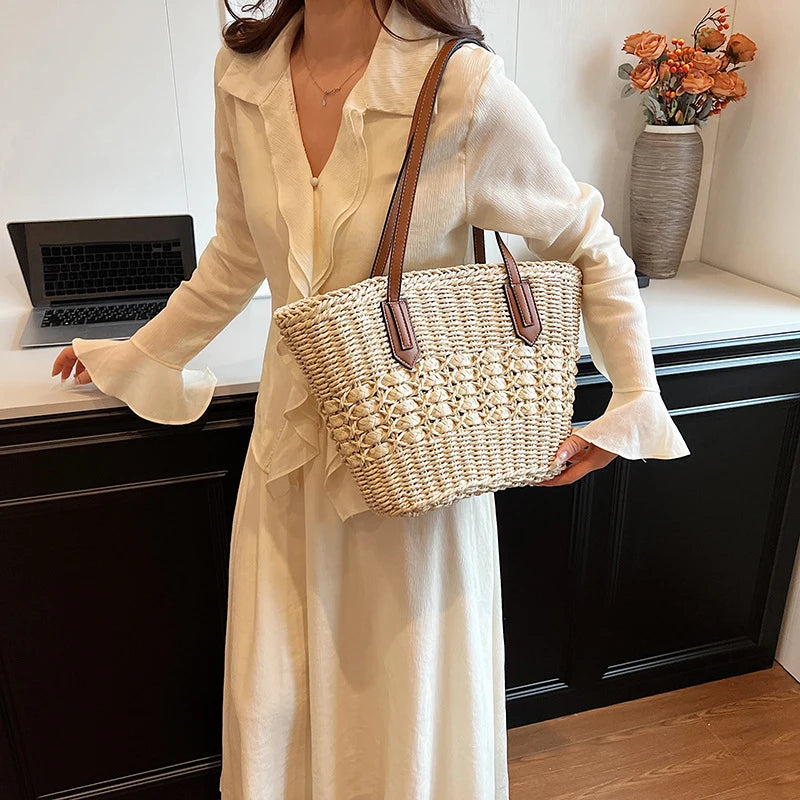 Summer Straw Bags for Women Straw Shoulder Bags Rattan Woven Top Handle Bag Hollow Raffia Crochet Beach Bag Casual Handbags