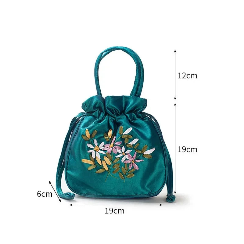 Retro Embroidery Drawstrings Handbags Storage Bags Women Purse Wallets Card Holder Bucket Shoulder Bag Wrist Bags