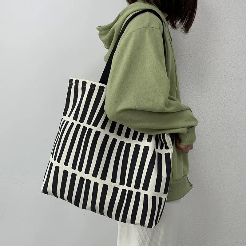 Teen Youth Pattern Canvas Bag, Large Capacity Female Single Handbag Shoulder Bag, Student Literary Artistic Simple Shopping Bag