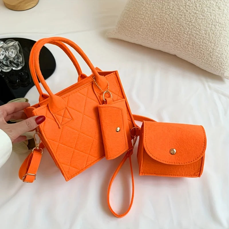 3pcs/set Embossed Women's Handbag Stylish Crossbody Bag Clutch and Wallet, Solid Color Square Shoulder Bag, Fabric for Daily Use