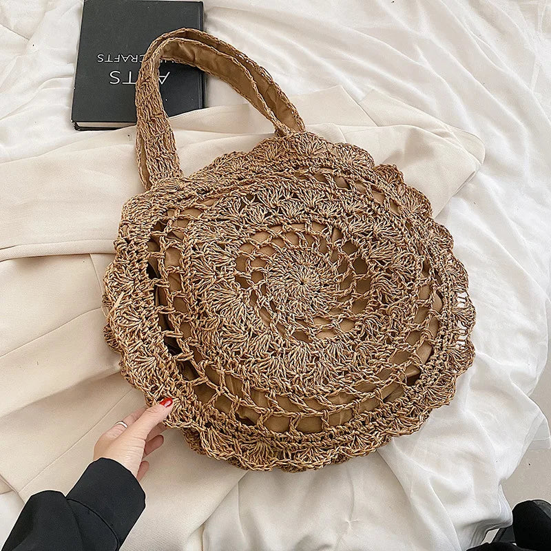 Bohemian Straw Bags for Women Circle Beach Handbags Summer Rattan Shoulder Bags Handmade Knitted Travel Big Totes Bag New
