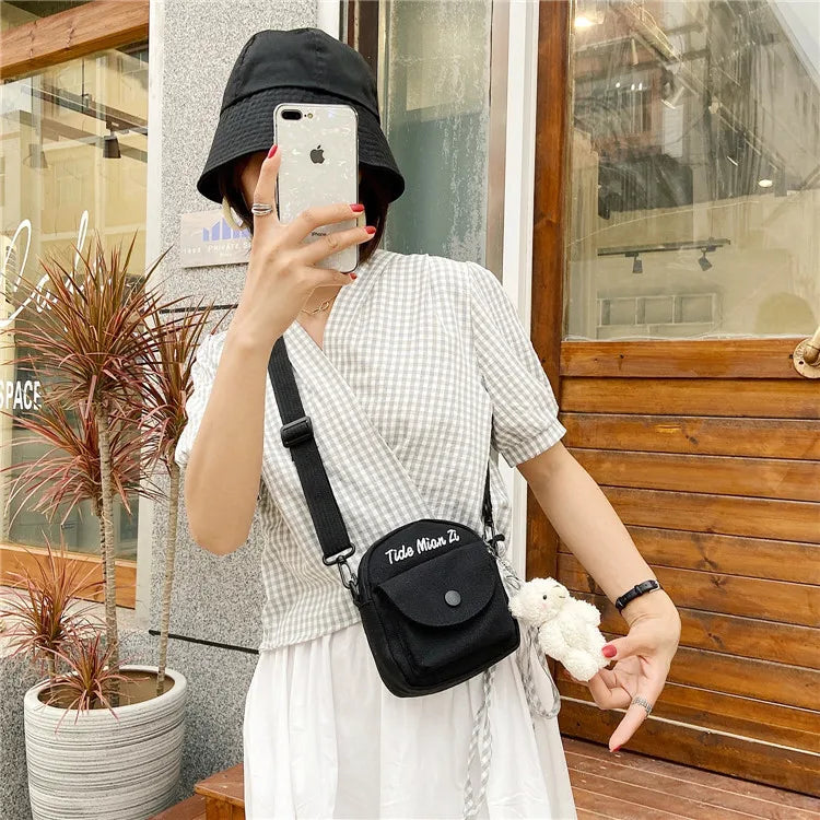 Cartoon Mini Canvas Bag Cute Small Crossbody Bags for Woman Phone Tissue Coin Purse Pocket, Student Shoulder Bag with Pin Bear