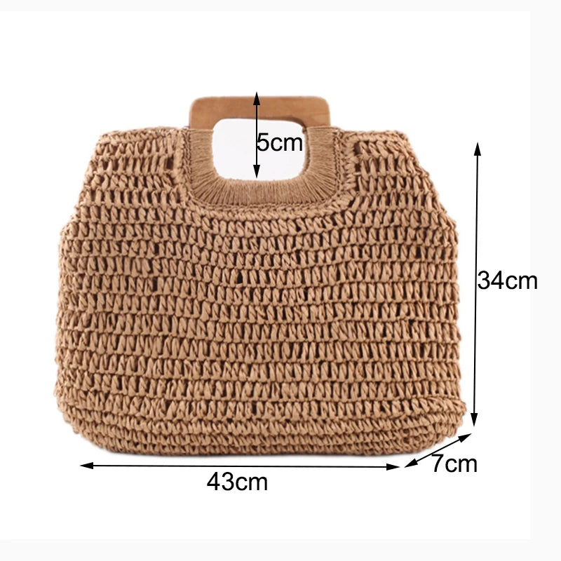 Summer Woven Straw Handbag Female Wooden Handle Bag Large Capacity Travel Beach Bag Fashion Style Totes Hollow out Tote Bolsa