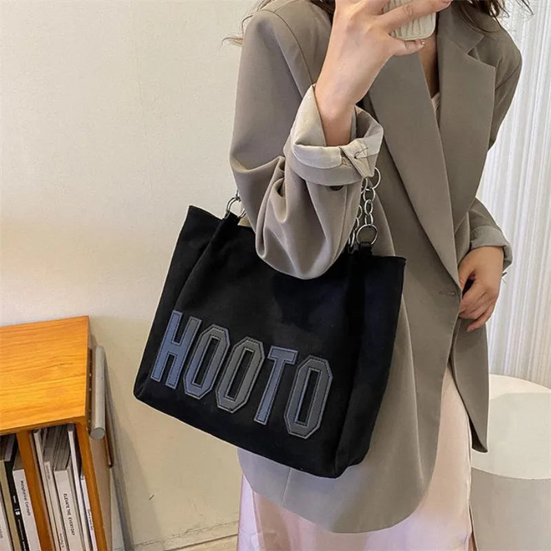 Stylish Tote Bag, Nubuck Pu Letter HOOTO Design for Women Handbag Shoulder Bag, Large Capacity Nylon leisure Travel Shopping Bag