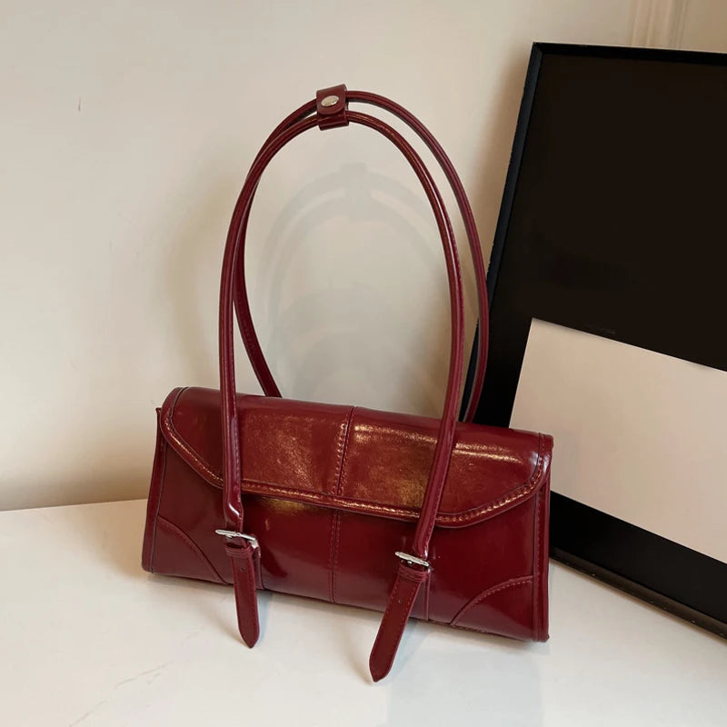 High End Burgundy Oil Wax PU Leather Underarm Bag Elegant Women's Magnetic Buckle Shoulder Bag Commuter Versatile Ladies Tote Ba