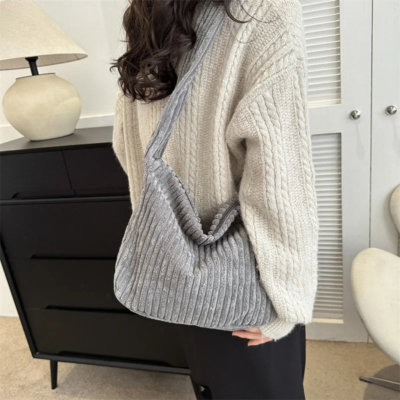 Winter Tote Bag for Women Large Capacity Handbags Casual Shoulder Bags Trend Female Corduroy Shopper Crossbody Bag