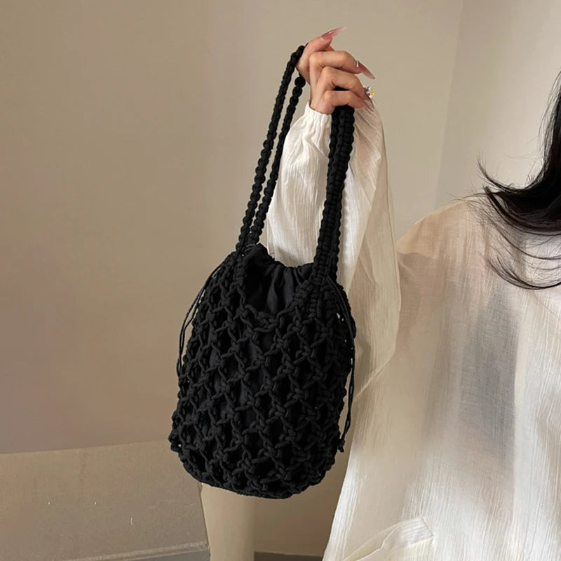Ladies Summer Bucket Shoulder Bag Phone Purse Handmade Hollow Out Cotton Rope Crochet Bag Small Handbag For Women