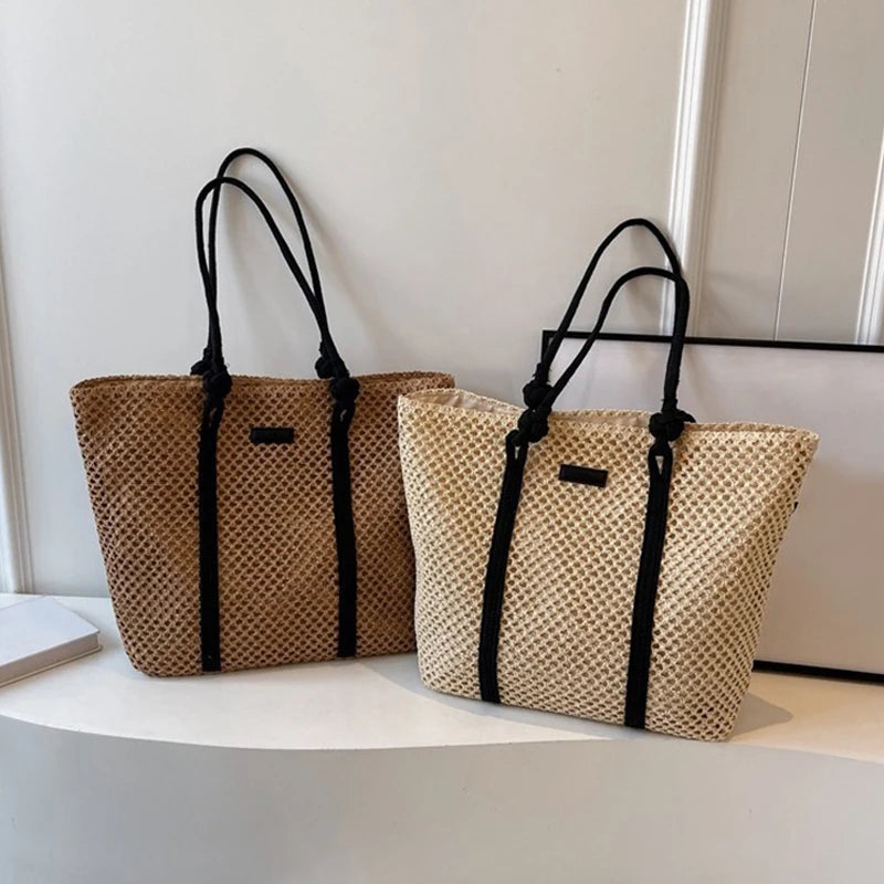 Summer Woven Straw Tote Bag Casual Beach Vacation Women Shoulder Bags Large Capacity Female Handbags Solid Color