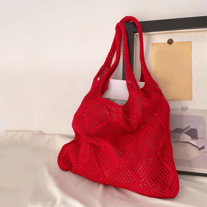 New Trend Women's Bag Crochet Handbag Retro Knitted Solid Color Hollow Top-handle Tote Bag Travel Shopper Shoulder Bag