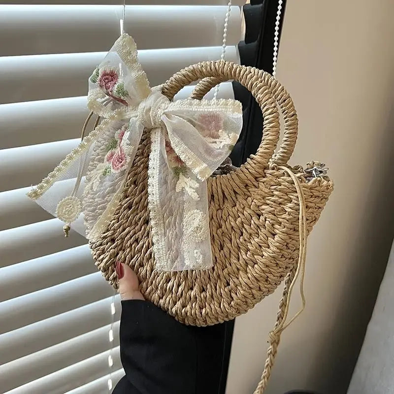 Straw Bag Women Hand-Woven Handbag Moon Shape Lace Bow Rattan Bag Big Capacity Drawstring Casual Beach Shoulder Crossbody Bag